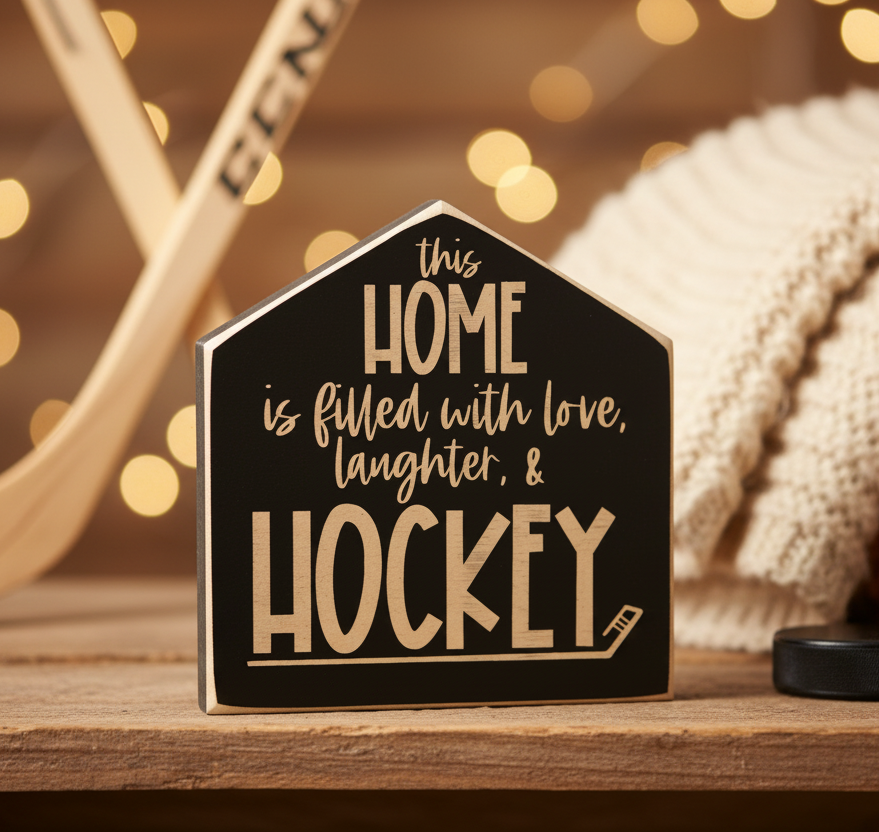 A house-shaped wooden hockey sign with the phrase 'this HOME is filled with love, laughter, & HOCKEY' in engraved lettering on a black background, displayed on a wooden surface with warm bokeh lights and hockey-themed props in the background.