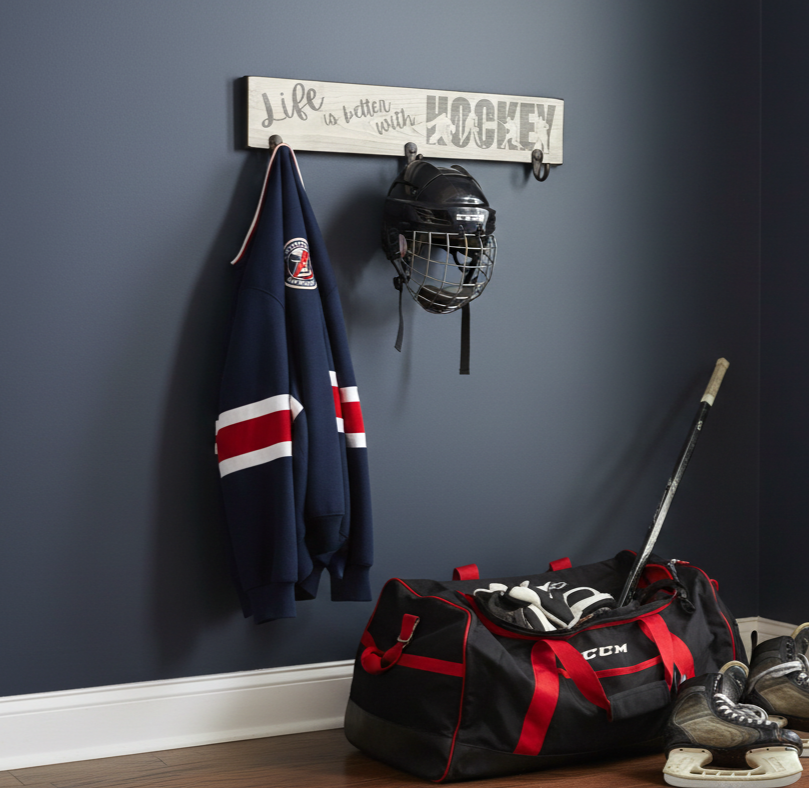 Distressed Hockey Coat Rack with Bronze Hooks - Hockey Player Gift