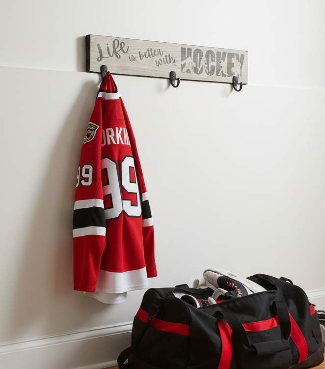 Distressed Hockey Coat Rack with Bronze Hooks - Hockey Player Gift