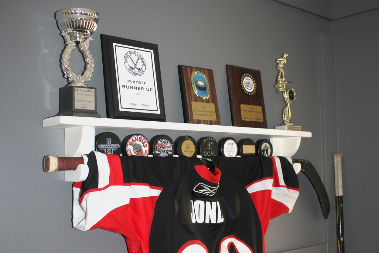 Hockey Puck Display Shelf: Trophy, Medal, Stick Holder