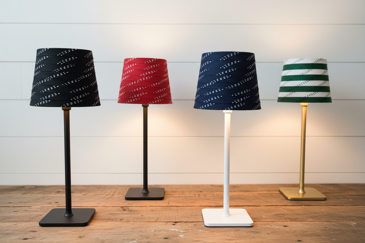 Hockey Laces Lamp: Rechargeable, Cordless, Black/White/Brass Gold
