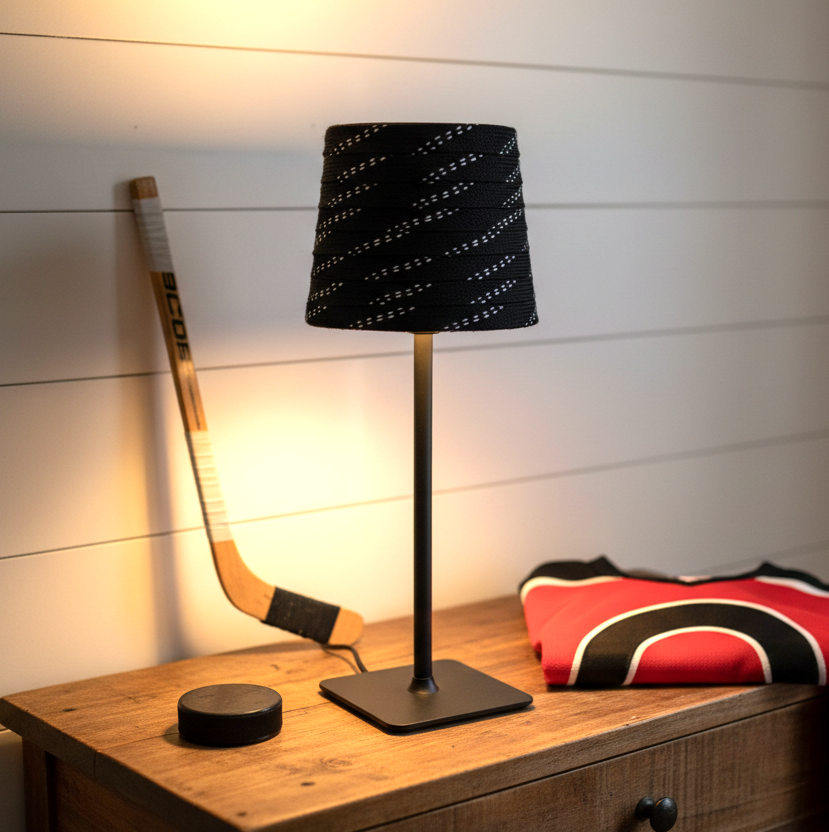 Hockey Laces Lamp: Rechargeable, Cordless, Black/White/Brass Gold