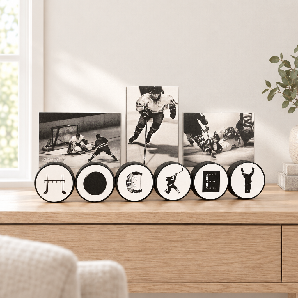 A set of  connected hockey pucks, spelling out  "HOCKEY" with unique hockey letters.   This displays 3 hockey photos and is sitting on a natural wood table with plants and books in a cozy room with light pouring in.