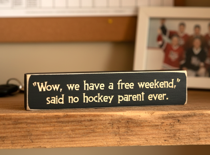 A rectangular black wooden sign with engraved lettering that reads, "Wow, we have a free weekend, said no hockey parent ever." The sign is placed on a wooden surface with a blurred framed photo in the background.