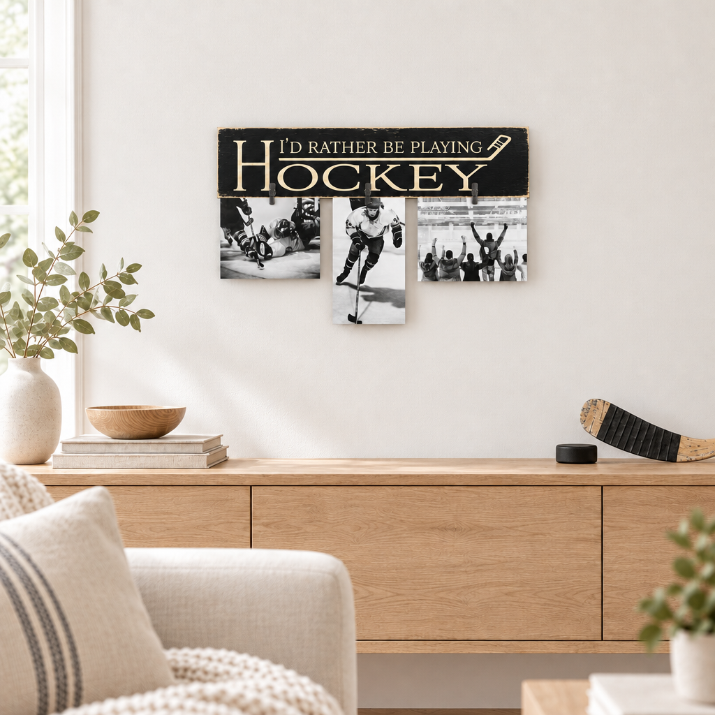 A rustic black wooden hockey-themed wall collage displayed in a bright, modern living room setting above a light wood console table.