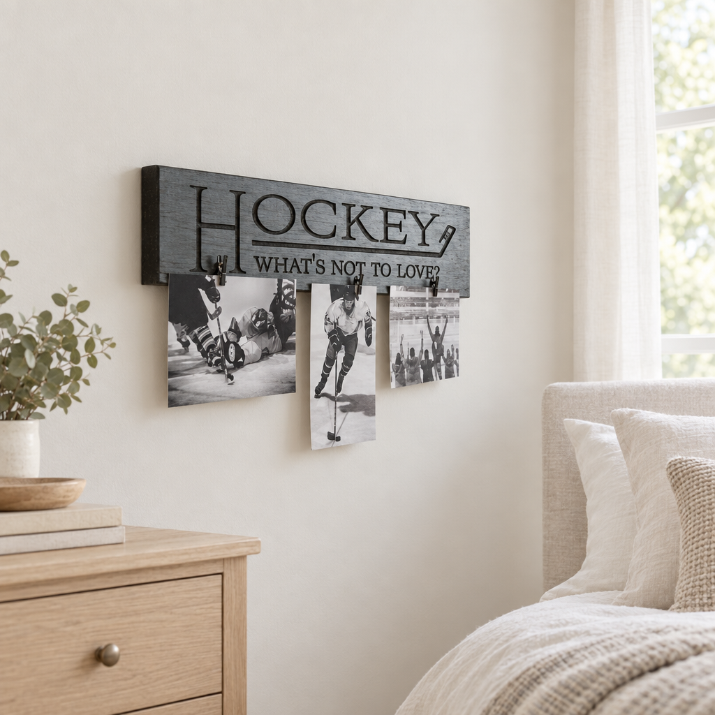 A rustic gray wooden wall sign with the word 'HOCKEY' and the phrase 'WHAT'S NOT TO LOVE?' displayed in black, holding three black-and-white hockey photos in a cozy bedroom setting.