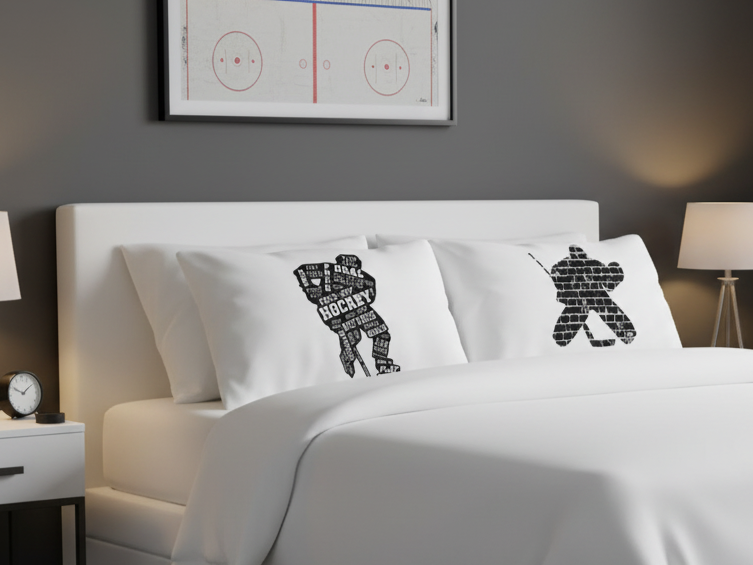 A neatly made bed with white bedding and two white pillows featuring black hockey-themed graphic prints, shown in a modern bedroom setting with lamps, a nightstand, and framed wall art.