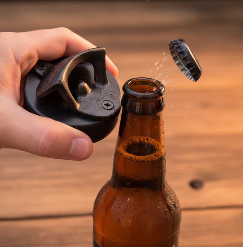 A hand holds a hockey puck bottle opener against an open brown glass beer bottle, with a metal bottle cap flying off above a wooden table.
