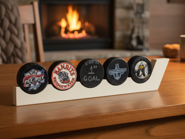 Hockey Puck Display Rack: Wood, Hockey Room Decor