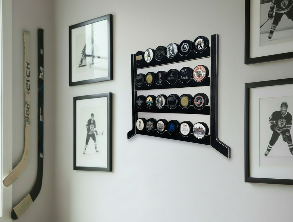 hockey puck display in black, holds 24 pucks