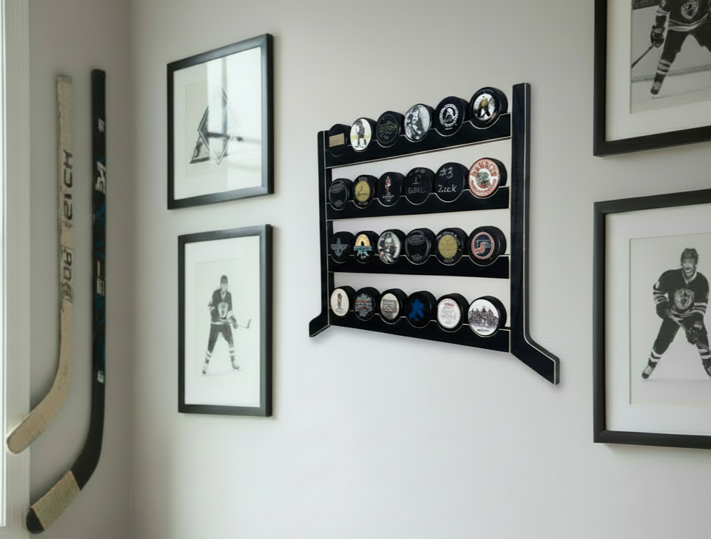 hockey puck display in black, holds 24 pucks