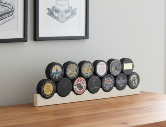 Hockey Puck Display Rack: Wood Shelf, Hockey Room Decor