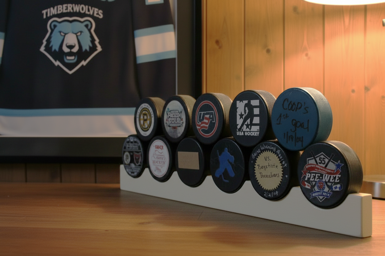 Hockey Puck Display: Wood Hockey Stick, Holds 5 Pucks