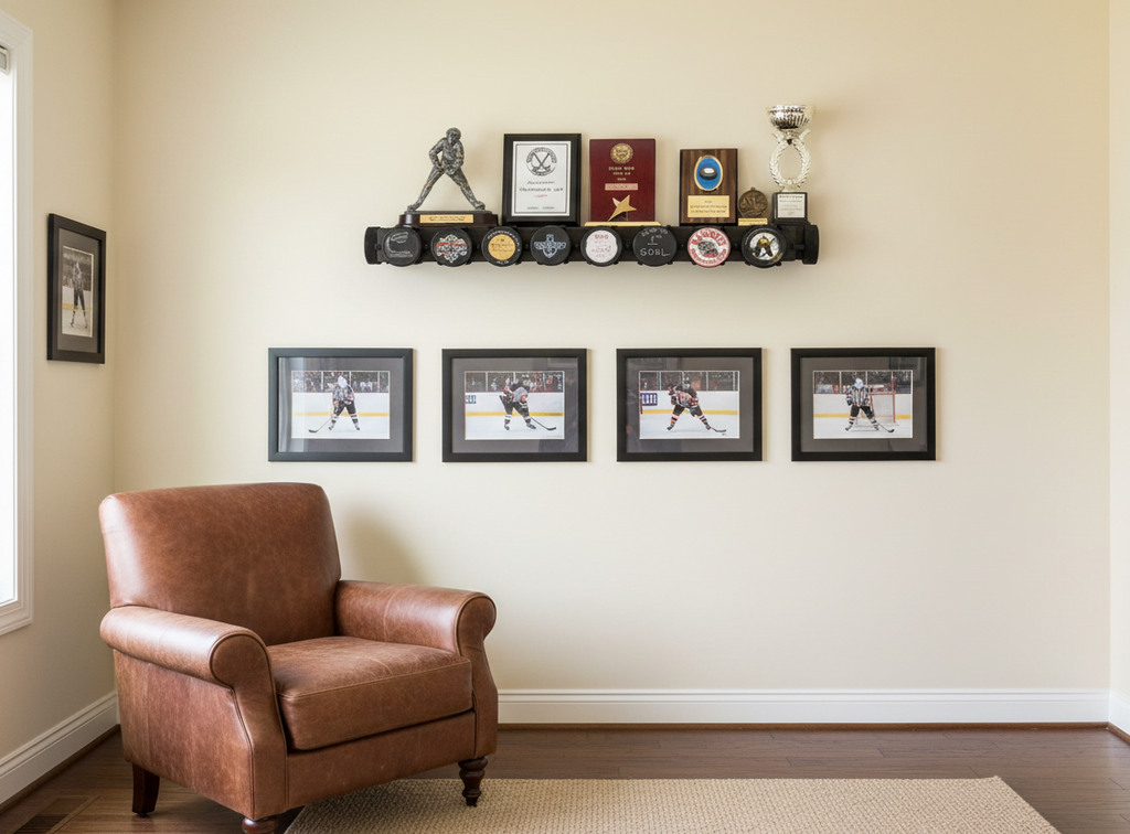 Hockey Puck Display Trophy Shelf: 8" Wide Floating Shelf, Memorabilia, Hockey Player Room Decor