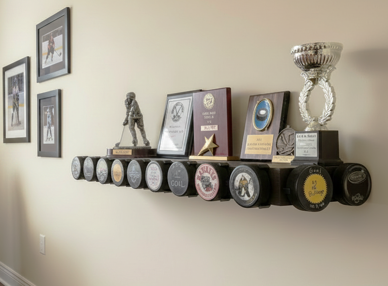 Hockey Puck Display Trophy Shelf: 8" Wide Floating Shelf, Memorabilia, Hockey Player Room Decor
