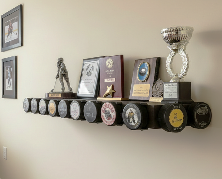 Hockey Puck Display Trophy Shelf: 8" Wide Floating Shelf, Memorabilia, Hockey Player Room Decor