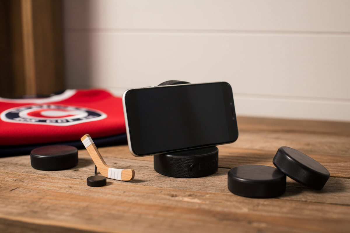Hockey Puck Phone Stand: Hockey Laces, Team Colors, Gift for Hockey Player, Coach, Mom, Dad, Fan
