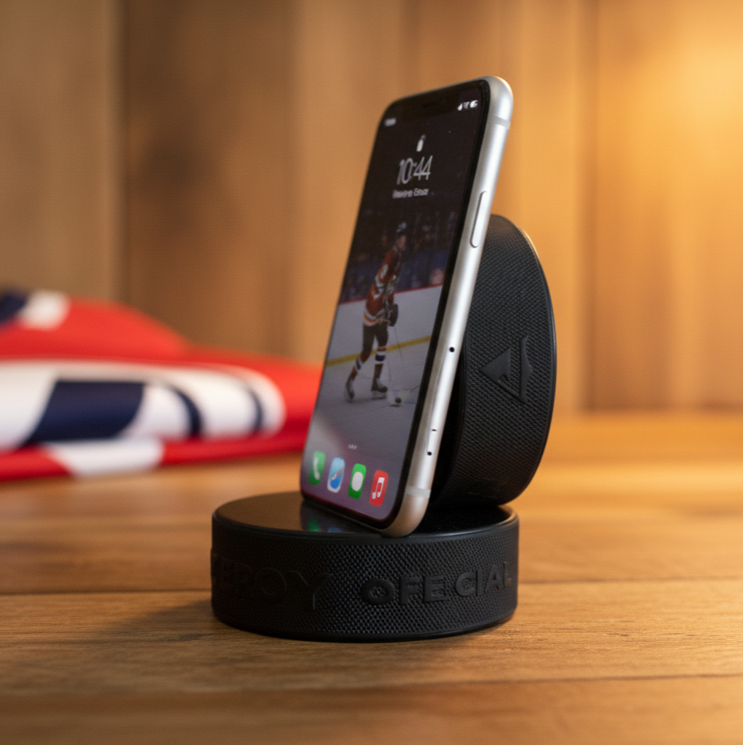 A silver smartphone stands upright on a hockey puck and another hockey puck as the back rest, sitting on a  wooden table. The background shows a warm wooden wall and a blurred hockey jersey.