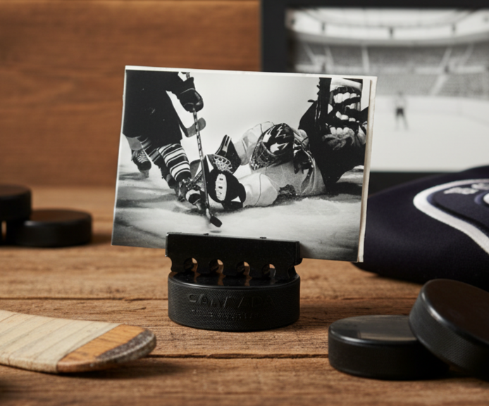 A black hockey puck photo stand holding a black-and-white photo of an ice hockey player, displayed on a wooden table with hockey pucks and sticks nearby.