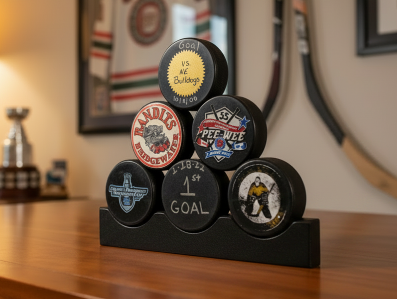 Hockey Stick Key Rack: Stick with Hooks, Coat, Hat, Mini Hockey Sticks, Medals & Ribbons Display