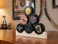 Hockey Puck Display: Wood Hockey Stick, Holds 5 Pucks