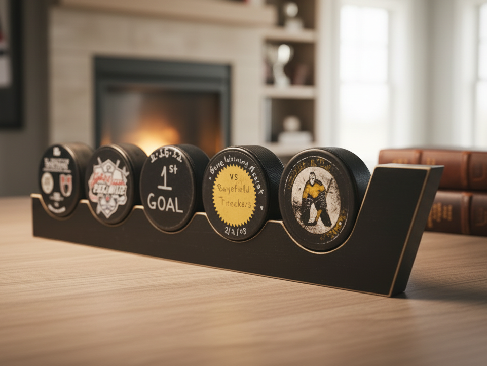 hockey puck display in hockey stick shape, black
