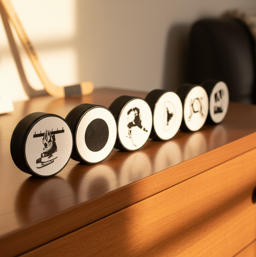 hockey pucks  are lined up on a warm wooden surface in a softly lit indoor setting, spelling out a custom name in unique hockey letters.