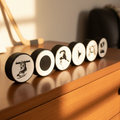 hockey pucks  are lined up on a warm wooden surface in a softly lit indoor setting, spelling out a custom name in unique hockey letters.