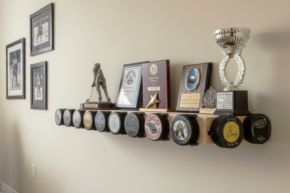 Hockey Puck Display Trophy Shelf: 8" Wide Floating Shelf, Memorabilia, Hockey Player Room Decor