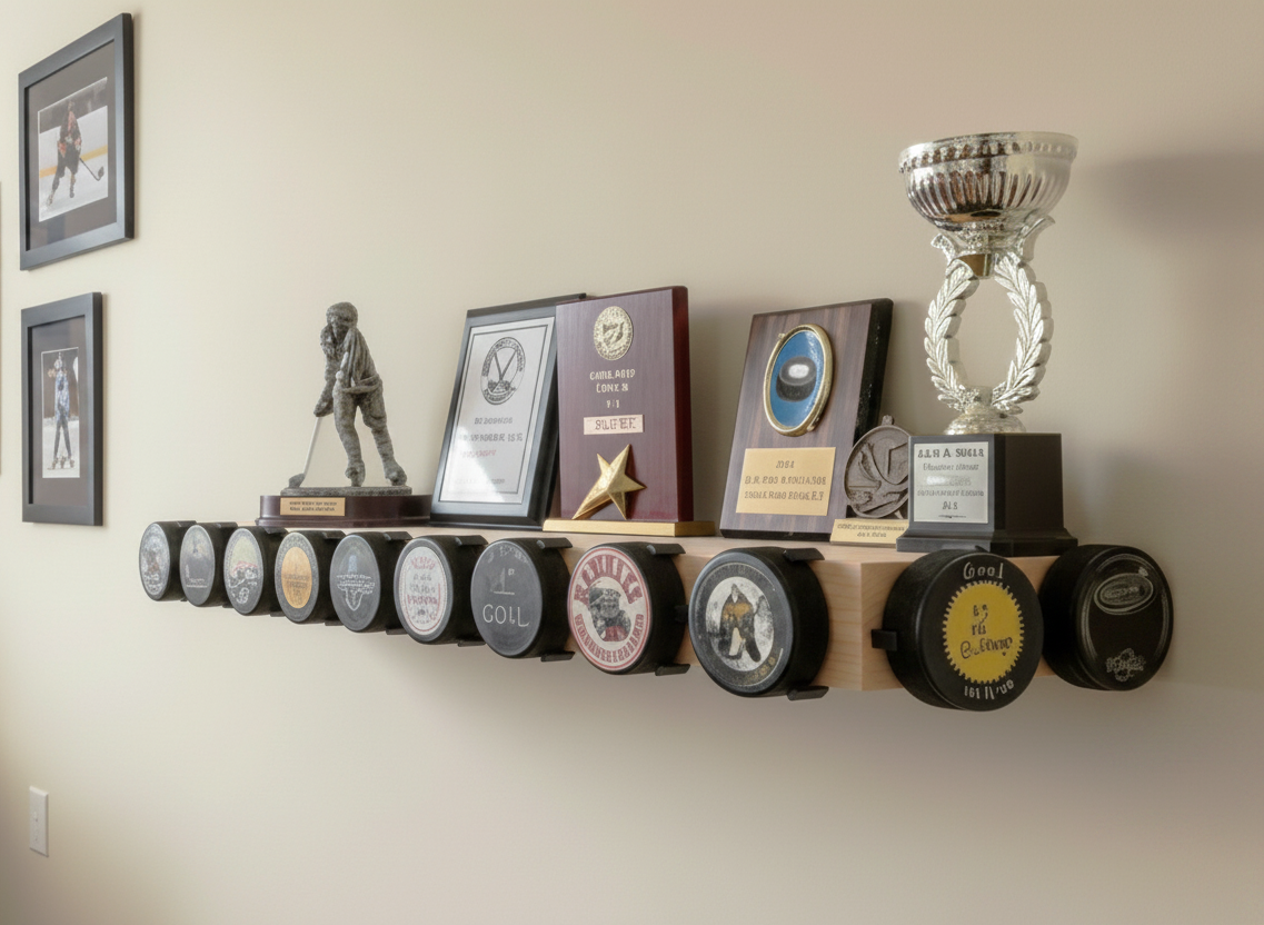 Hockey Puck Display Trophy Shelf: 8" Wide Floating Shelf, Memorabilia, Hockey Player Room Decor (Copy) (Copy)