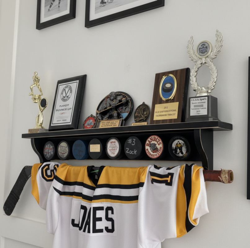 A black wooden shelf holding 8 special hockey pucks, a stick with a hockey jersey hanging on it, and many trophies, awards and memorabilia sitting on the shelf.