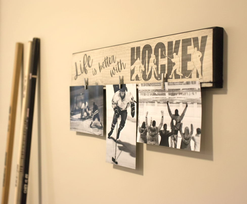 Distressed Hockey Coat Rack with Bronze Hooks - Hockey Player Gift
