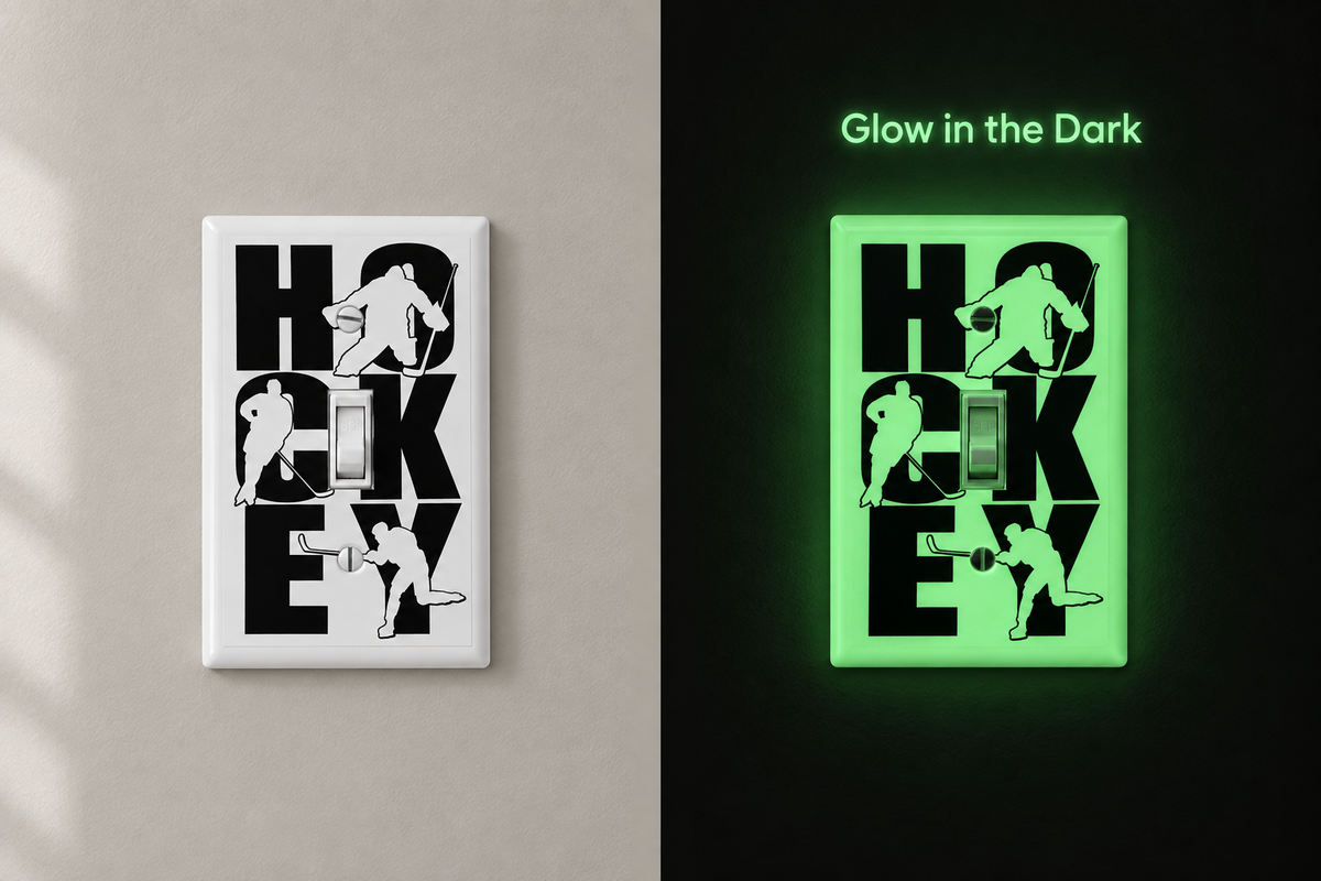 A rectangular wall light switch cover decal featuring the word 'HOCKEY' in large black letters with hockey player silhouettes inside each letter. The left side shows the product in normal light against a beige wall, and the right side shows it glowing green in the dark against a black background, with the text 'Glow in the Dark' above it.