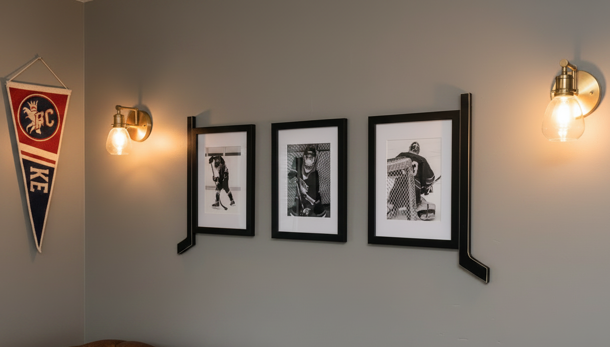 Hockey Stick Frame Set: Gallery Wall 3 Piece Set, Hockey Matted Frames, 8x10 Photos, Hockey Wall Decor, Black