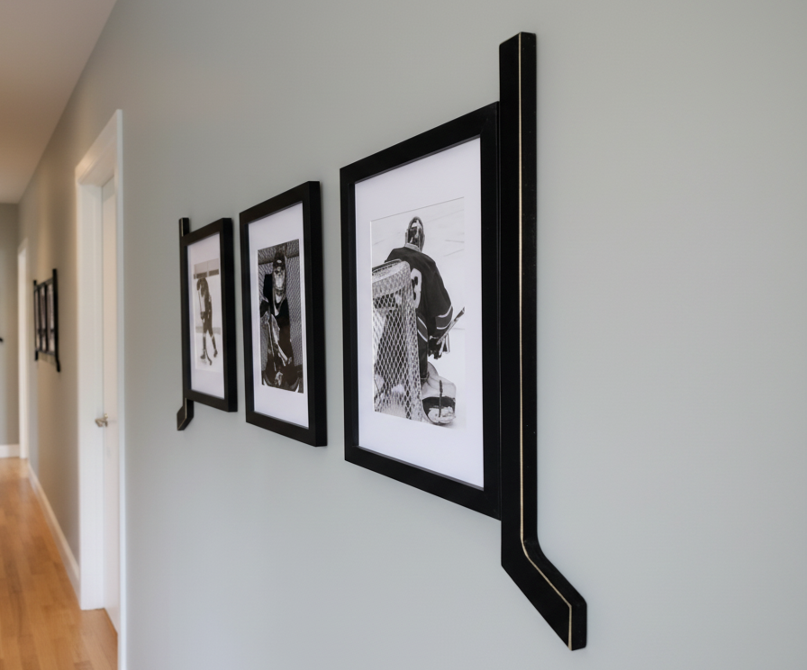 Hockey sticks in black are on either end of this trio of matted hockey frames
