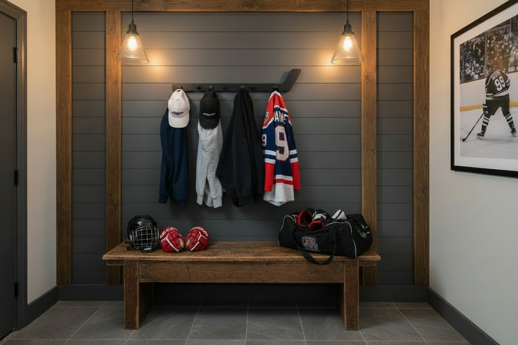 Hockey Mini Stick Display: Stick with Hooks, Hat, Keys, Coat Rack, Medals & Ribbons Display