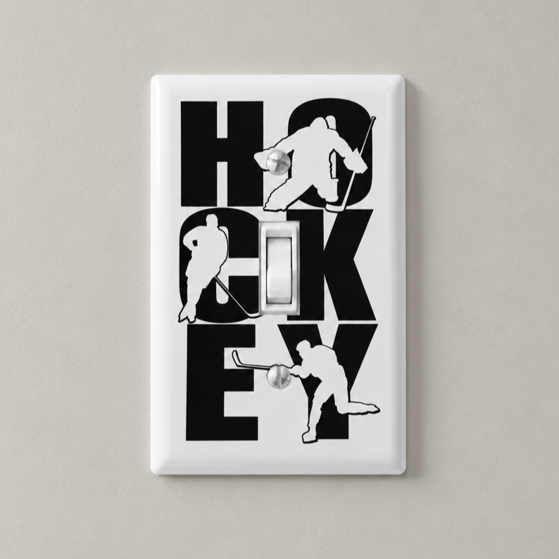 Light switch decal of "HOCKEY" in a vertical format with hockey players and a goalie within the letters.