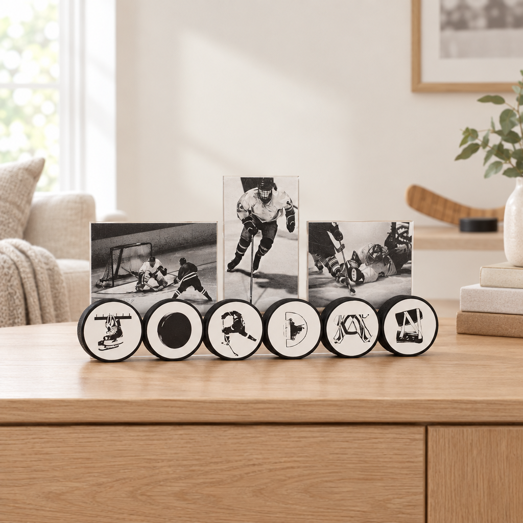 A set of 6 connected hockey pucks, spelling out the custom name "JORDAN" with unique hockey letters.   This displays 3 hockey photos and is sitting on a natural wood table with plants and books in a cozy room with light pouring in.