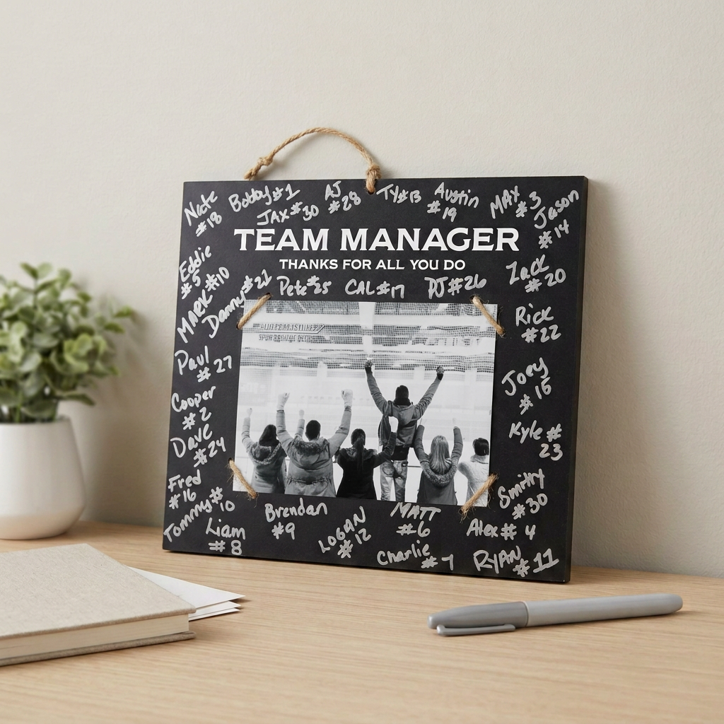 A personalized black chalkboard-style team manager plaque with a hanging rope, shown on a wooden desk with a plant, notebook, and marker nearby. The plaque features silver team signatures handwritten-style around the border and a central photo frame with a black-and-white hockey player image.
