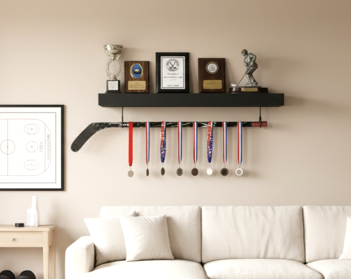 Hockey Puck Display Trophy Shelf: 8" Wide Floating Shelf, Memorabilia, Hockey Player Room Decor