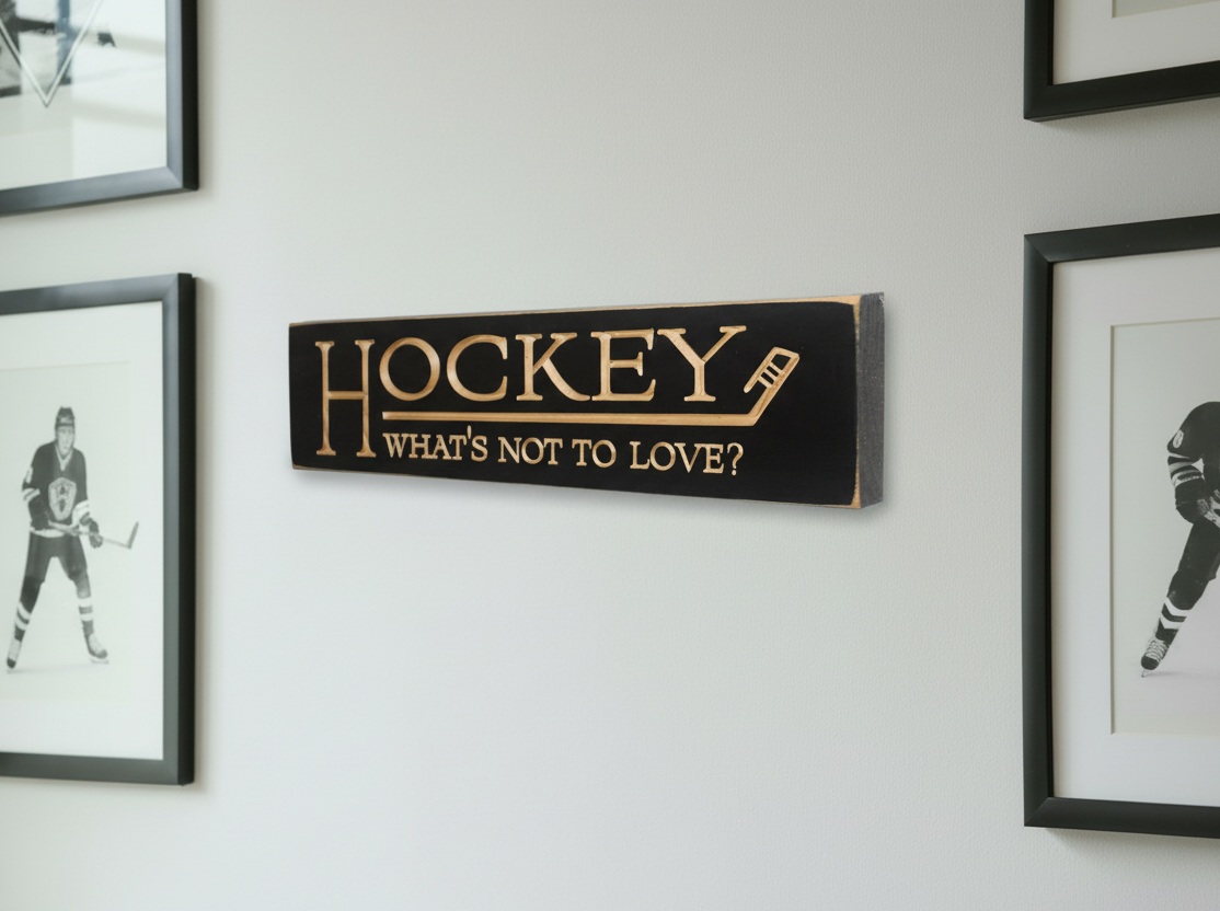 A rectangular black wooden wall sign with engraved lettering that reads 'HOCKEY WHAT'S NOT TO LOVE?' mounted on a white wall, surrounded by framed black-and-white hockey photos.