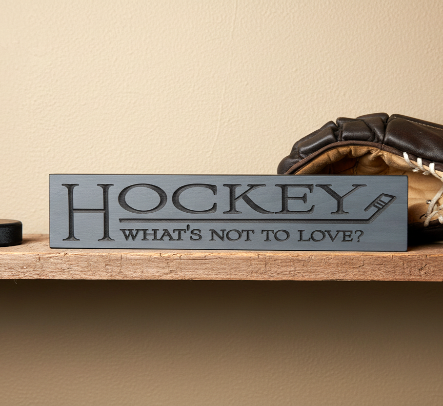 A rectangular dark gray wooden hockey sign with the words 'HOCKEY WHAT'S NOT TO LOVE?' displayed on a wooden shelf next to a brown leather glove.