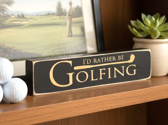 A rectangular black wooden sign with engraved lettering that reads 'I'D RATHER BE GOLFING' sits on a wooden shelf next to golf balls, a framed picture, and a small potted succulent.