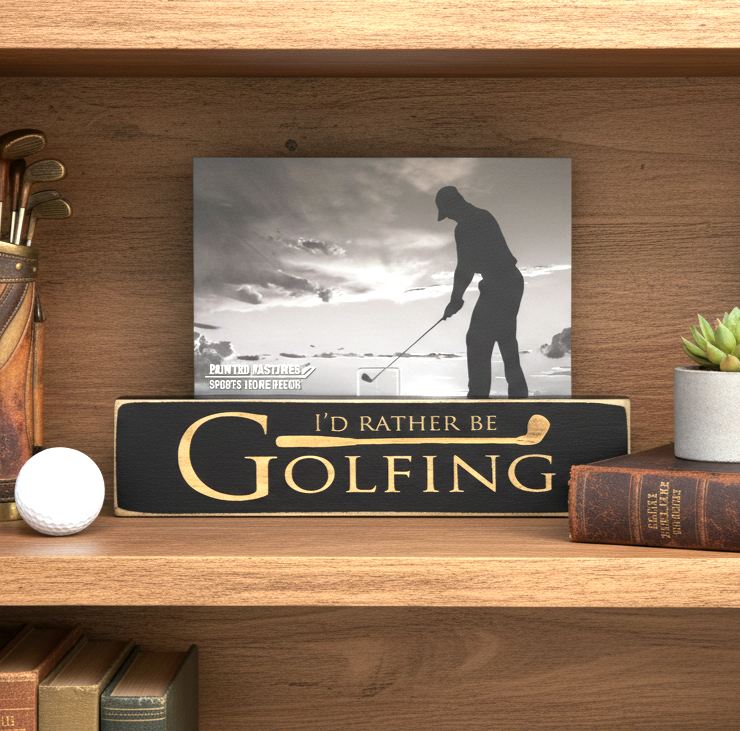 A decorative wooden sign on a wooden shelf that reads 'I'D RATHER BE GOLFING' in engraved lettering on a black background. A small photo of a golfer is displayed above the sign.