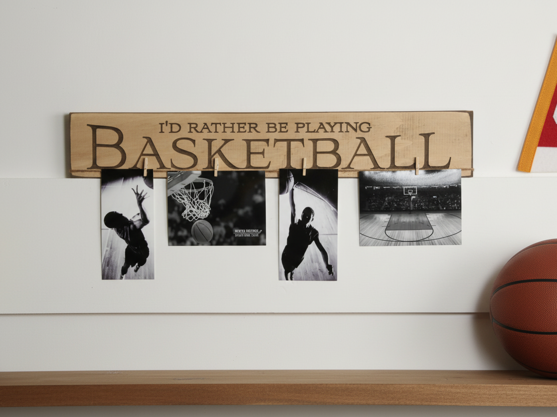 A rustic wooden sign with the engraved text 'I'D RATHER BE PLAYING BASKETBALL' mounted on a white wall above a shelf. Four black-and-white basketball-themed photo prints are hanging from the front of the sign, and part of a basketball is visible on the right.