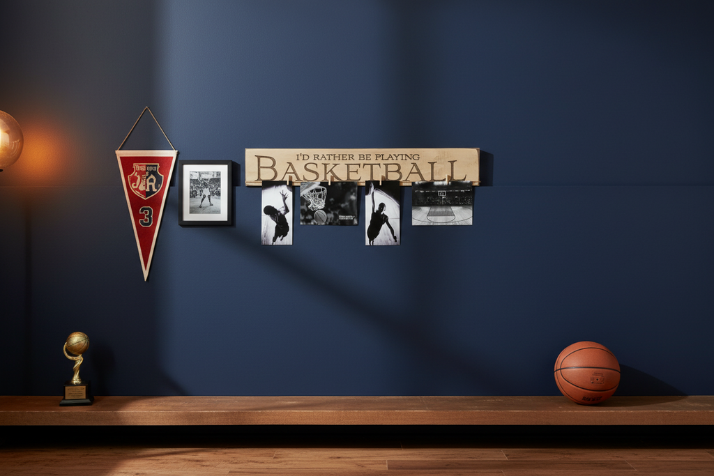 Basketball Photo Display Sign: Antiqued Cream Wood, Sports Room Decor