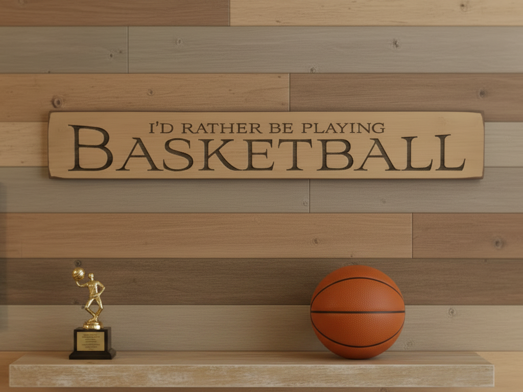 A rectangular wooden sign with the engraved text 'I'D RATHER BE PLAYING BASKETBALL' displayed on a rustic wood plank wall above a shelf with a basketball and a small trophy.