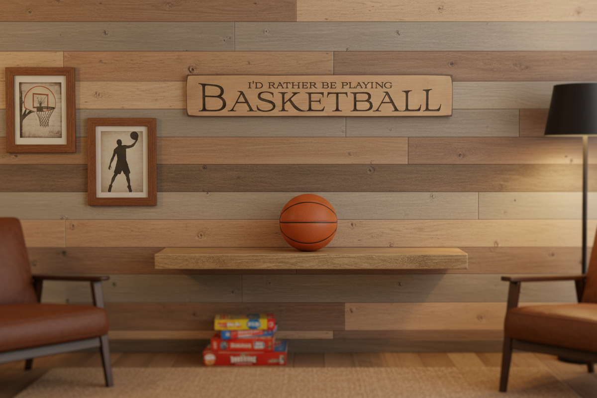 Basketball Photo Display Sign: Antiqued Cream Wood, Sports Room Decor