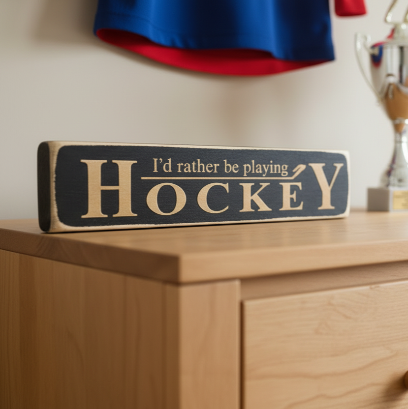 A black rectangular wooden sign with engraved lettering that reads 'I'd rather be playing HOCKEY', displayed on a light wood dresser in a room setting.