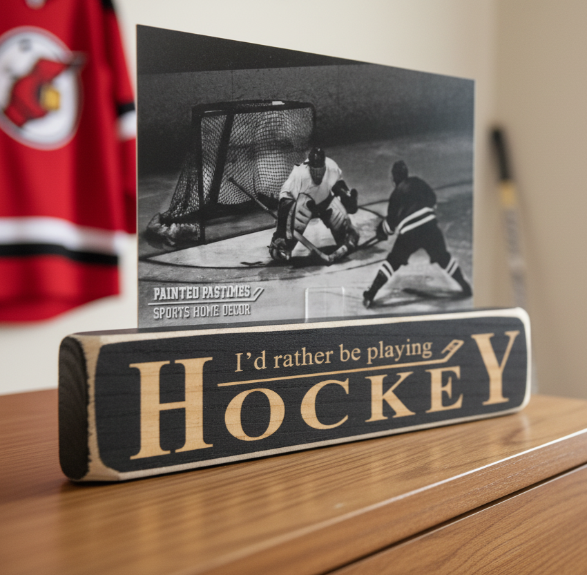 A hockey-themed decorative black wooden block sign on a wooden table, featuring the text 'I'd rather be playing HOCKEY' in engraved lettering. A black-and-white hockey photo print clipped onto the sign.